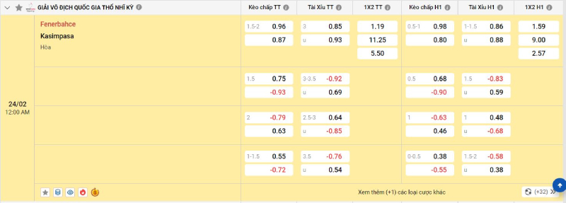 Trên đây là tỷ lệ kèo trận đấu Fenerbahce vs Kasimpasa