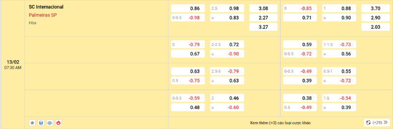 Trên đây là tỷ lệ kèo trận đấu Internacional vs Palmeiras